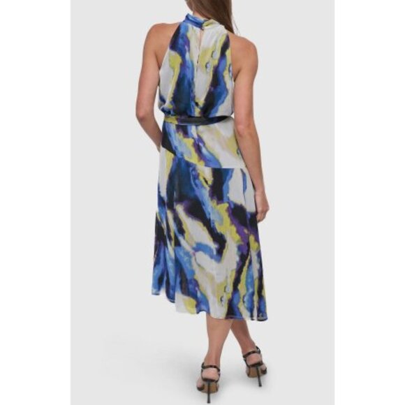 DKNY Womens Sleeveless Halter Chiffon Crinkle Midi Belt Dress Vertical Wave NWT - Picture 2 of 2